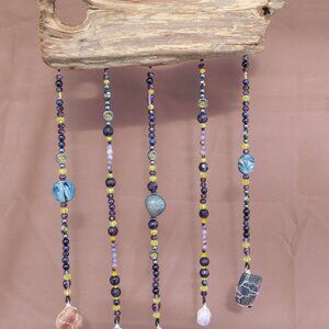 (Lucy) Driftwood Suncatcher Mobile glass beads pet wood amethyst quartz